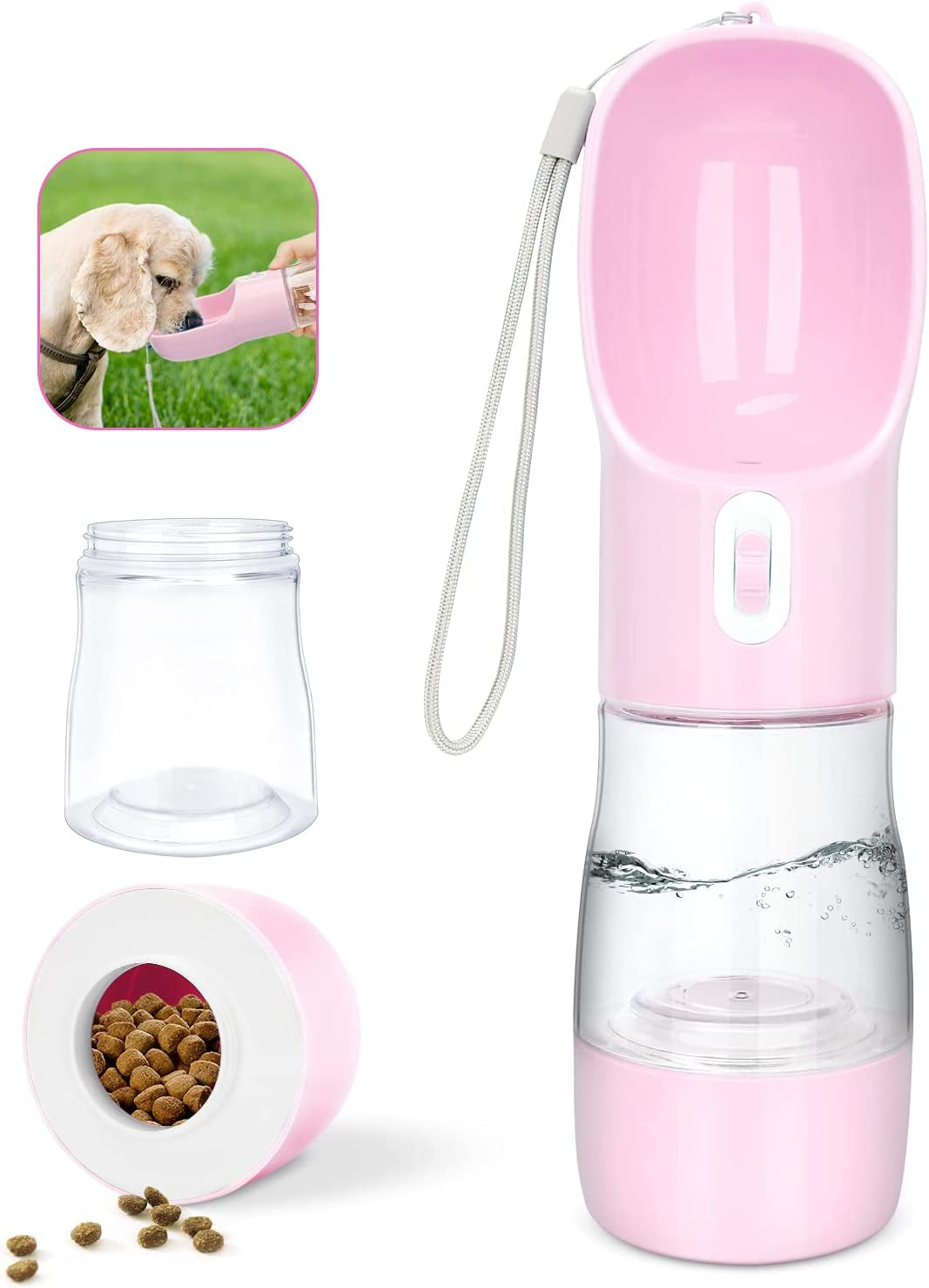 Dog Water Bottle Portable Pet Water Bottle Leak Proof Dog Water Dispenser and Food, Lightweight Dog Travel Water Bottle Bowl for Walking and Trave (Pink)